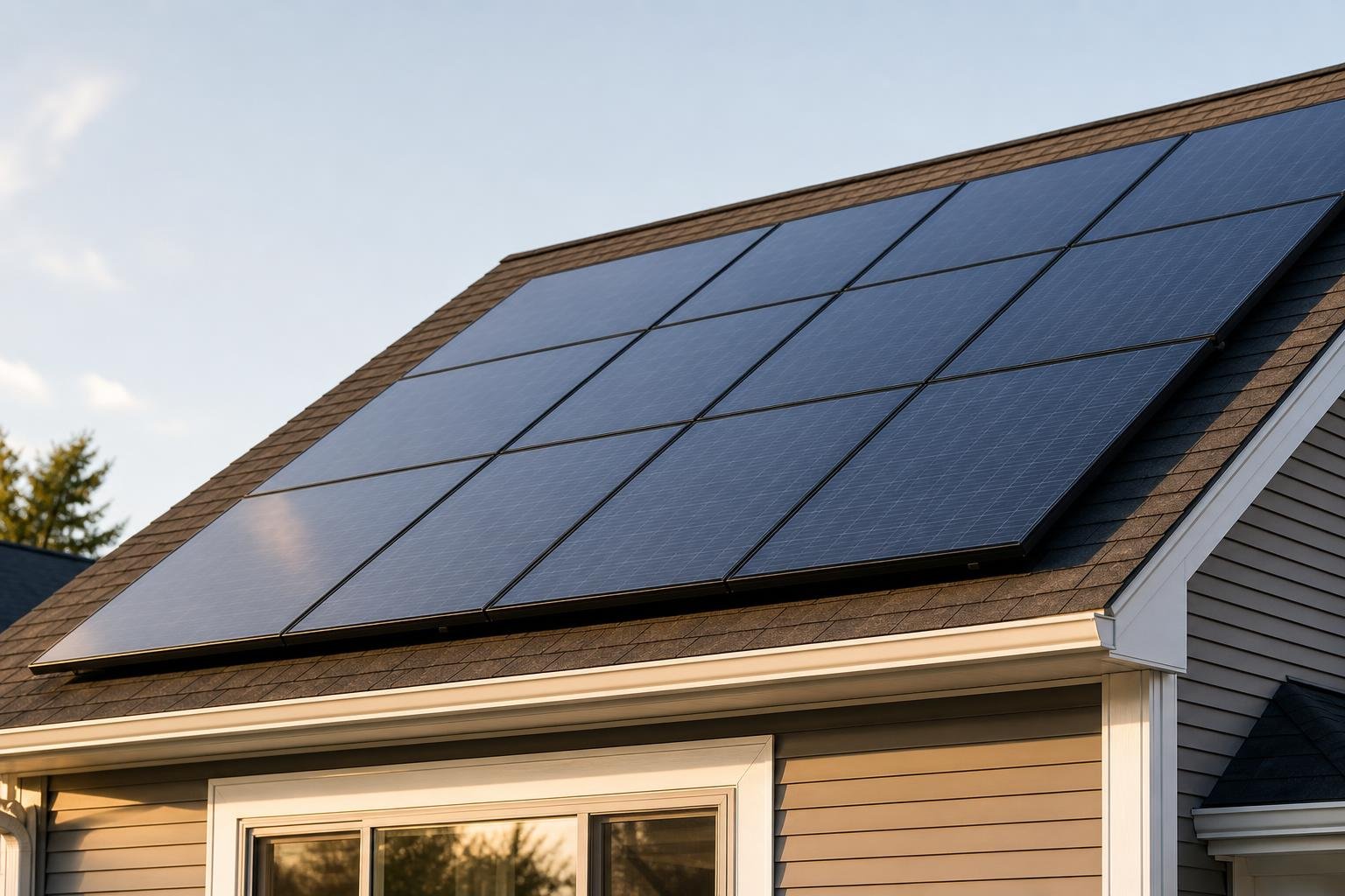 Close-up of rooftop solar panels on a residential home in Brockton, Massachusetts, with warm daylight and sky reflections.