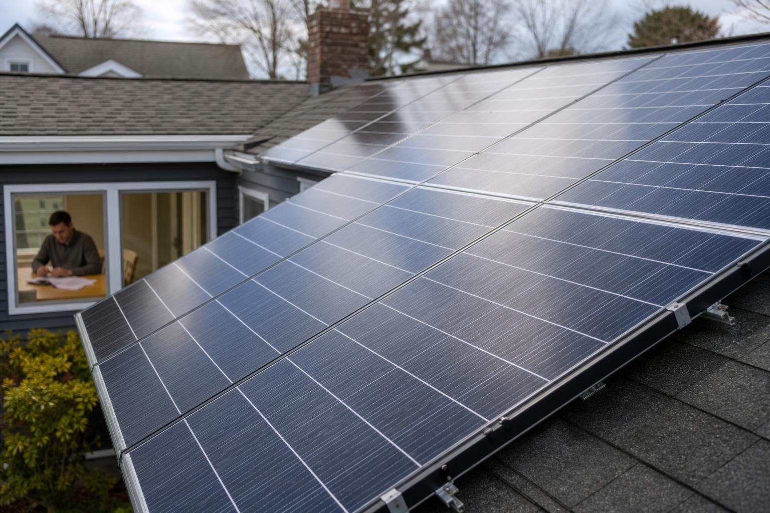 Residential solar panels in close view with a homeowner and planning documents softly blurred in the background.